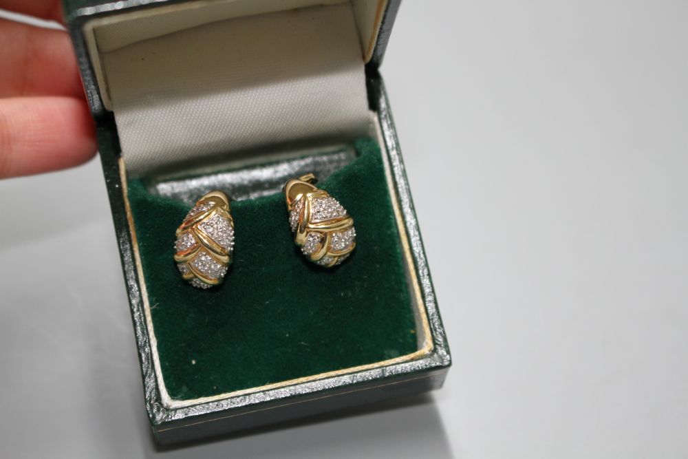 A pair of modern 18ct gold and pave set diamond cluster demi-lune earrings,